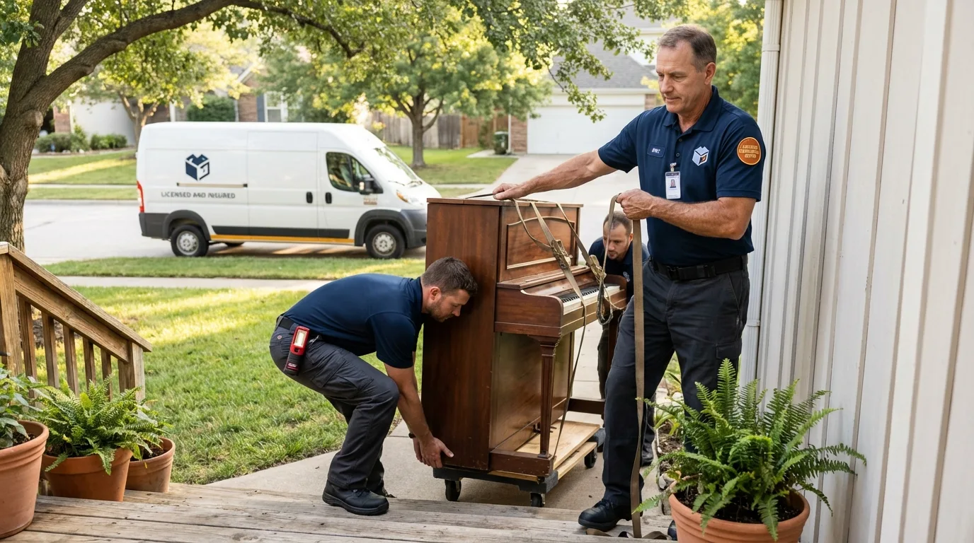 Licensed piano movers securing grand piano in Marion, KS