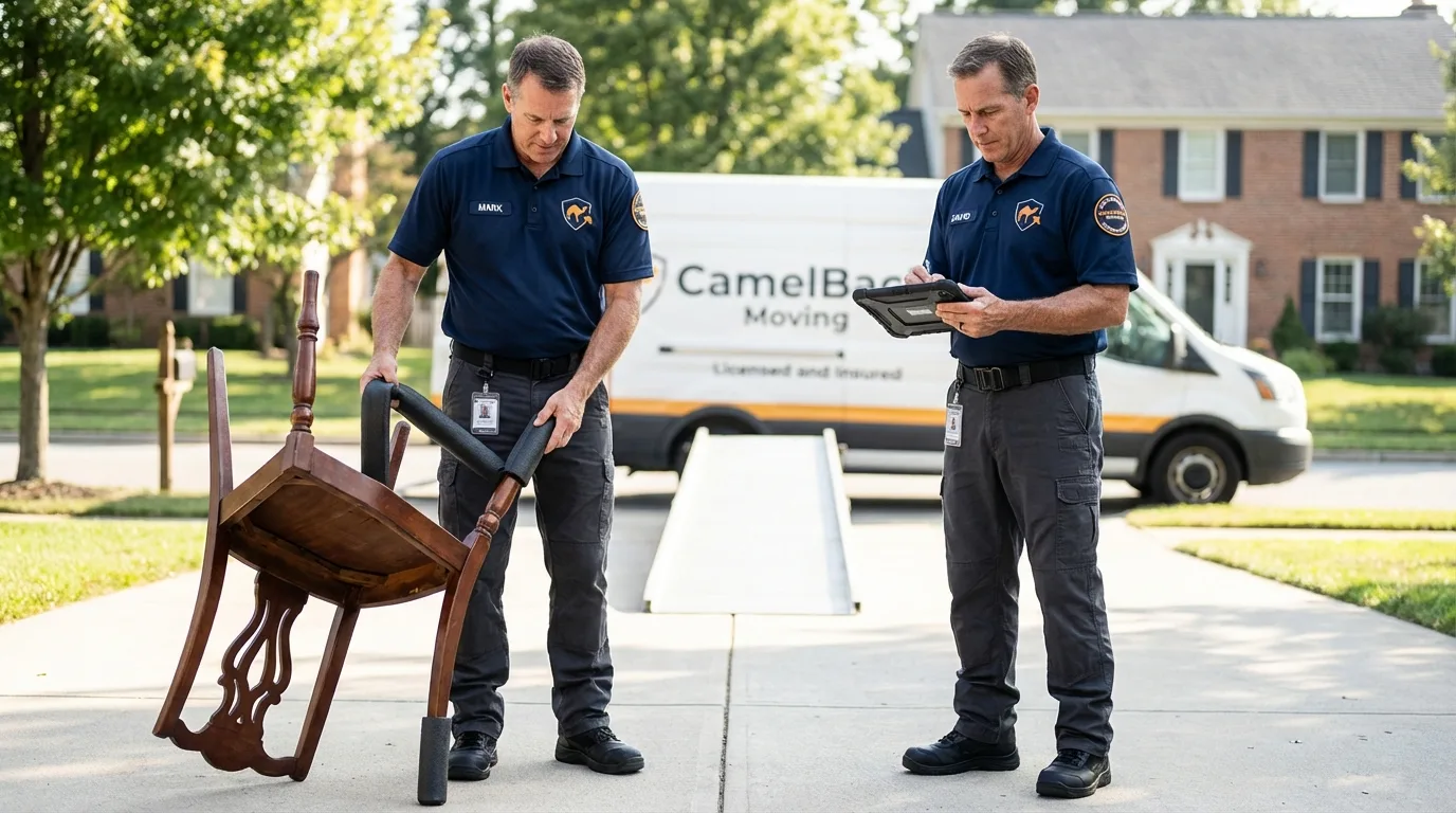 Movers inspecting furniture for damage prevention before loading in Marion, KS